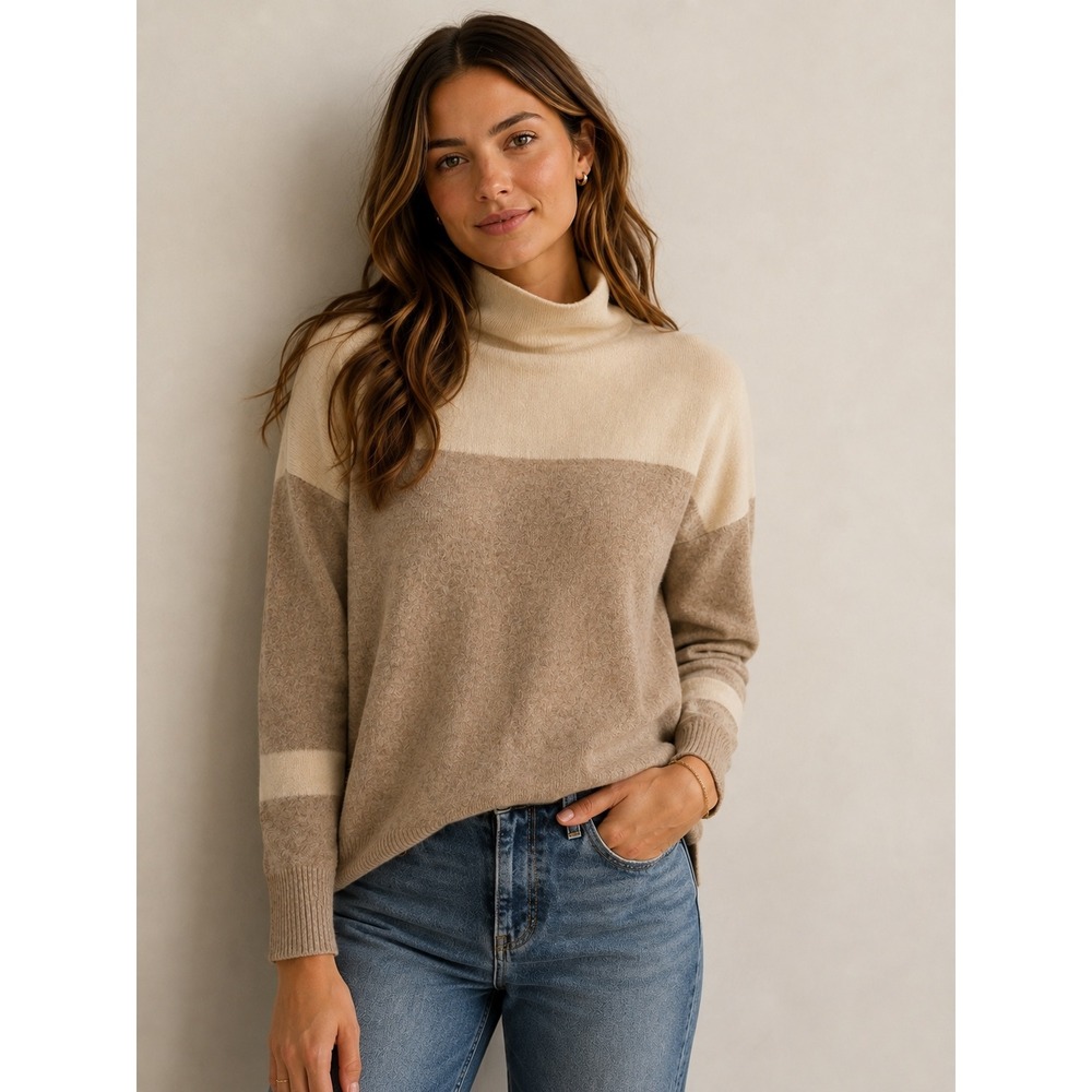 100% Cashmere Tahari Pure Luxe Colorblock Mock Neck Sweater Beige Tan Medium